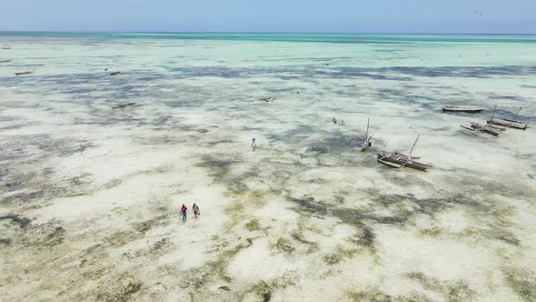 Aerial View of Low Tide in the Ocean Near the Coast of Zanzibar Tanzania Slow Motion