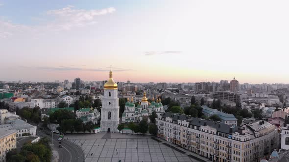 Aerial View of the Bell Tower and Saint Sophia's Cathedral at Dusk Kiev, Ukraine