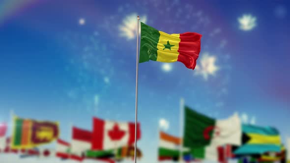 Senegal Flag With World Globe Flags And Fireworks 