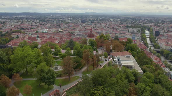 Aerial view away from Graz's Schloßberg dolomite inner city hilltop woodland in Graz Austria