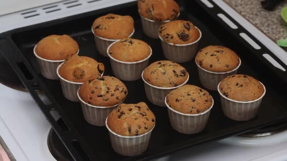 The Woman Takes Out A Baking Sheet Of Baked Muffins From The Oven.