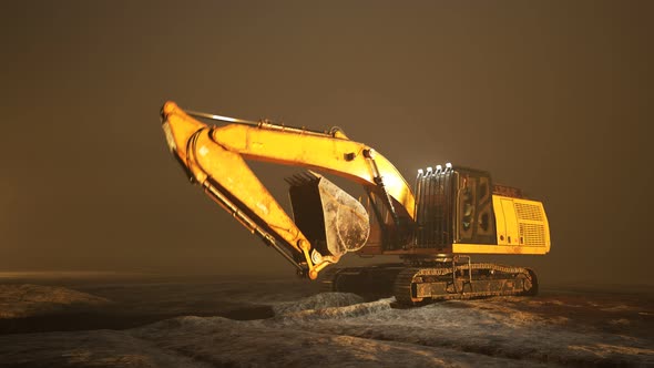 Big excavator machine working on an empty, dark, foggy construction site. 4KHD