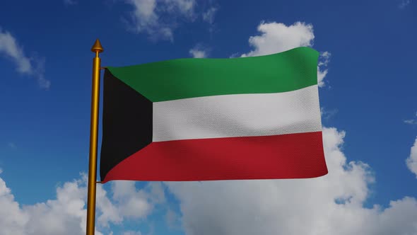 National flag of Kuwait waving with flagpole and blue sky timelapse
