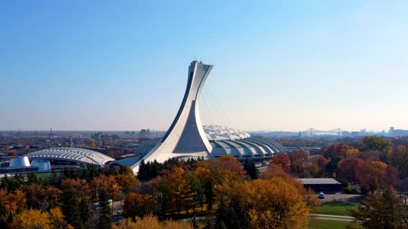 Cinematic view of the  Olympic stadium in Montreal, Canada.