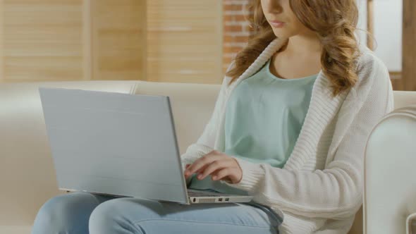 Female Journalist Typing Article on Laptop, Freelancer Working at Home, Closeup