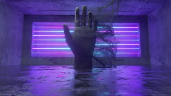 A Stone Human Hand Emitting Millions of Particle Streams in a Future Scifi Room with Modern Neon