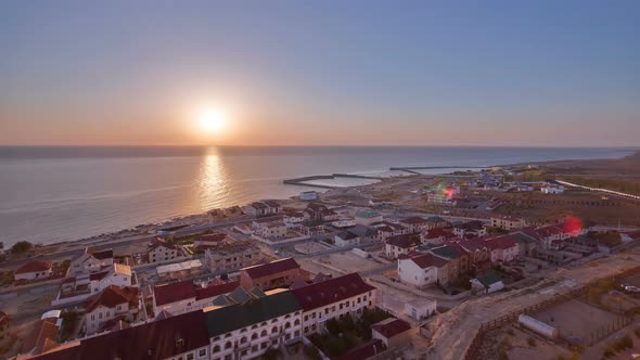 Aktau City on the Shore of the Caspian Sea at Sunset Timelapse. Kazakhstan.