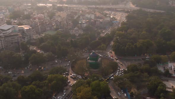 Delhi antique building in city center 4k drone