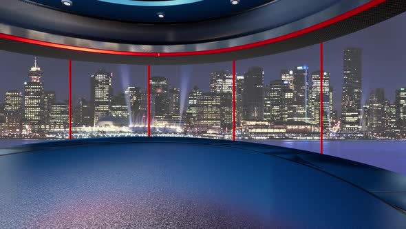 TV News Virtual Studio With Night City Background And Floodlights F