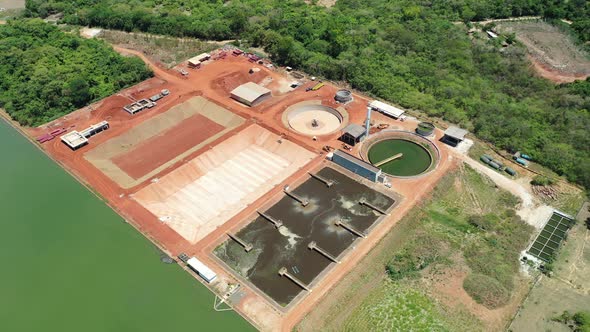 Brazil sewage water treatment system. Water depollution station aerial view.