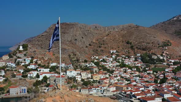 Aerial View of Hydra Old Town and Marina or Seaport Greece  Drone Videography