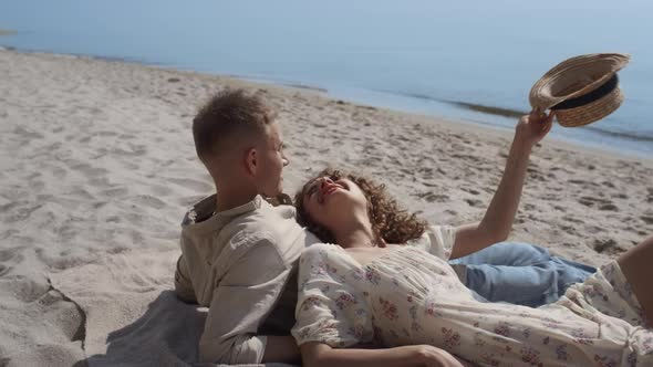 Carefree Couple Lying Sand Beach Summer Time Close Up