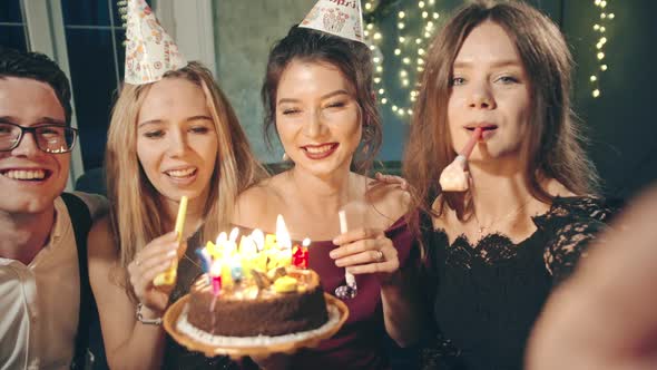 Happy Multiracial Friends Selfie Congratulating with Birthday Excited Asian Girl Giving Cake
