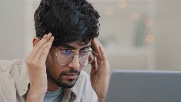 Closeup Arab Business Man Student Male Bearded Boss Leader with Glasses Guy Works with Laptop