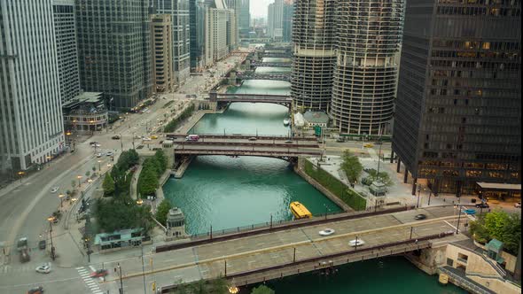 Downtown Chicago River Night to Day Sunrise