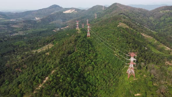 Drone view red and white electric tower  