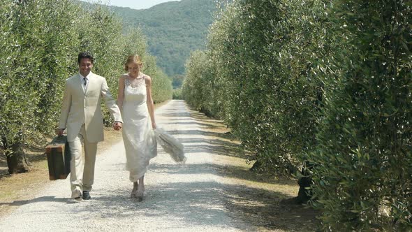 Newlywed couple walking on rural road with suitcase, stopping to kiss