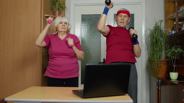 Elderly Man Woman Doing Fitness Exercises Starting Live Stream Vlog Blog Online Distance Course