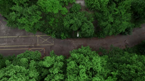 Drone Aerial Footage of the Abandoned Stadium in the Trees and Greens