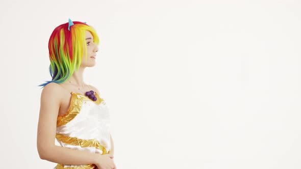 Profile Medium Studio Shot Rainbowhaired Girl Standing Peacefully