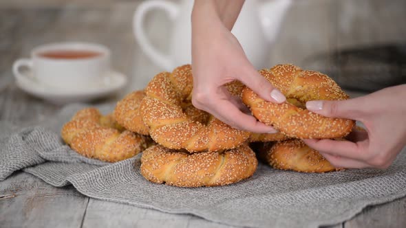 Turkish Bagel Simit with Sesame, Traditional Pastry of Turkey.