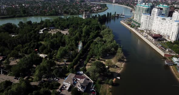 Russioa Krasnodar Cityscape and Kuban River From Aerial View