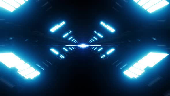 Fly Inside Of Futuristic Metallic Corridor With Blue Laser Neon Lines 2