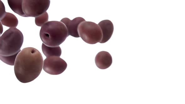 Large Fresh Dark Olives are Falling and Rotating on the White Background