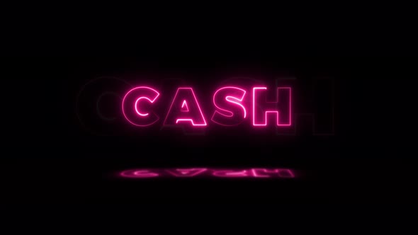 Word 'CASH' neon glowing on a black background with reflections on a floor