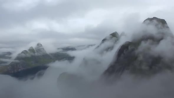 Beautiful landscape of Norway.Norway mountain on sunset clouds.Top point of view. Aerial view  