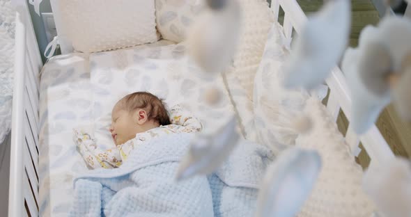 Cute Baby Sleeping in the Crib with Children's Soft Toys