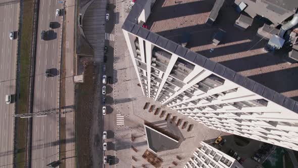 Aerial Top Down View the Street with Traffic and Skyscrapers