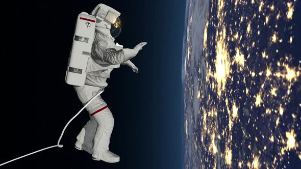 Astronaut Spacewalk, Waving His Hand in the Open Space alt
