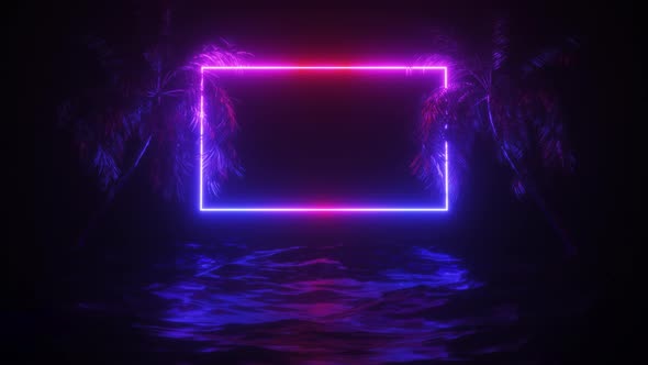 Neon Frame And Palms With Ocean