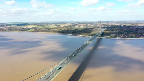 Aerial footage of The Humber Bridge, near Kingston upon Hull, East Riding of Yorkshire