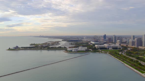 Aerial of beautiful Chicago city and Lake Michigan at dusk