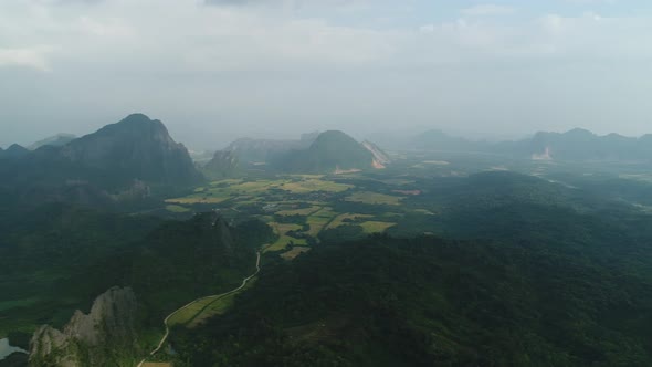 Nature landscape near town of Vang Vieng in Laos seen from the sky