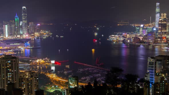 Timelapse Hong Kong City Buildings Surround Wide Harbour