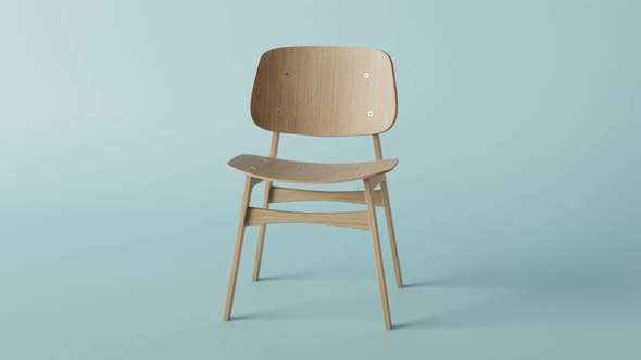 Portrait shot of Spinning wooden chair against blue green background. Chair animation of living furn