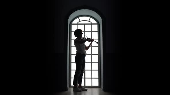 Against the Background of a Window Girl Plays the Violin . Silhouette