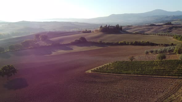 Val d'Orcia Countryside Valley in Tuscany Aerial View