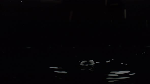 Water drops and ripples against black background. Slow Motion.