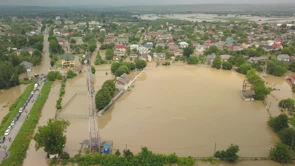 Flooded Soccer Field During a Severe Flood. Aerial Video. From the Water You Can See Only the Top of