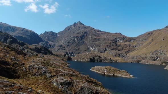 4k aerial drone footage over the 4th lagoon of Pichgacocha from Ambo, Huanuco, Peru in the Andes mou