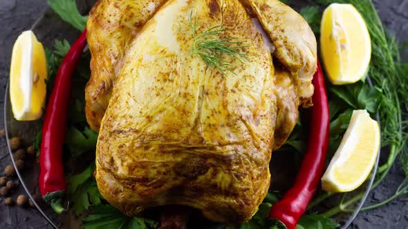 a Whole Baked Chicken Lies in a Plate with Red Chili and Dill with Parsley Slow Motion