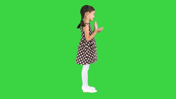 Cute Little Girl in Polka Dot Dress Clapping Her Hands Looking at Camera on a Green Screen Chroma