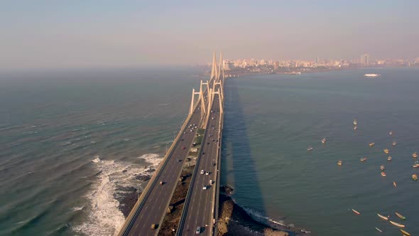 Mumbai, India, Worli sea link bridge, 4k aerial drone city skyline view