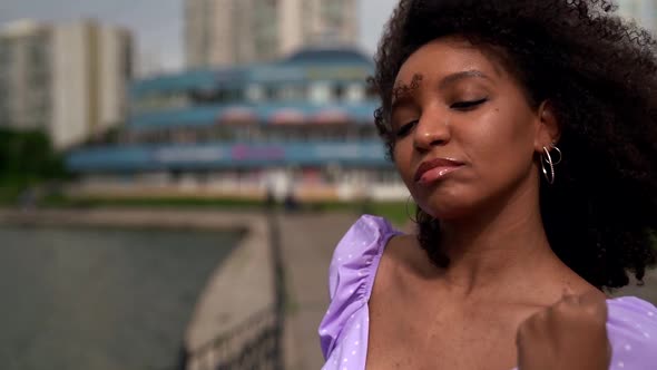 Afro-american Dancer Woman in City at Summer Day, Portrait Shot of Pretty Face