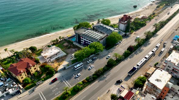 Traffic on the Beach aerial view 4 K Turkey Alanya