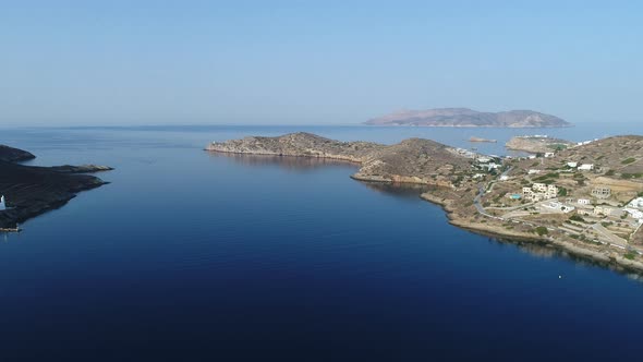 Port of the island of Ios in the Cyclades in Greece seen from the sky